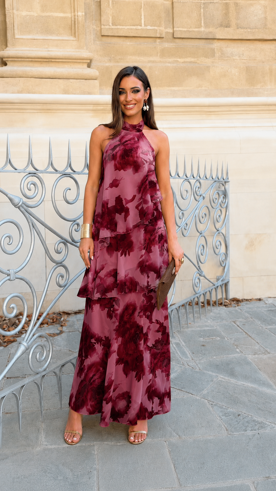 Wine floral halter layered maxi dress front view