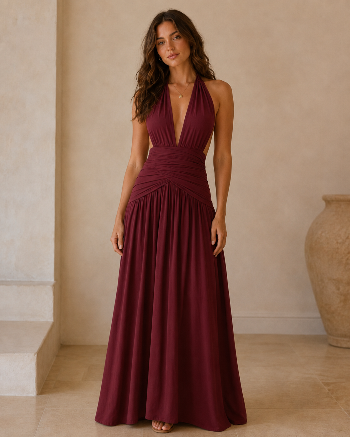 Burgundy halter plunge maxi dress with gathered waist and full-length skirt front view
