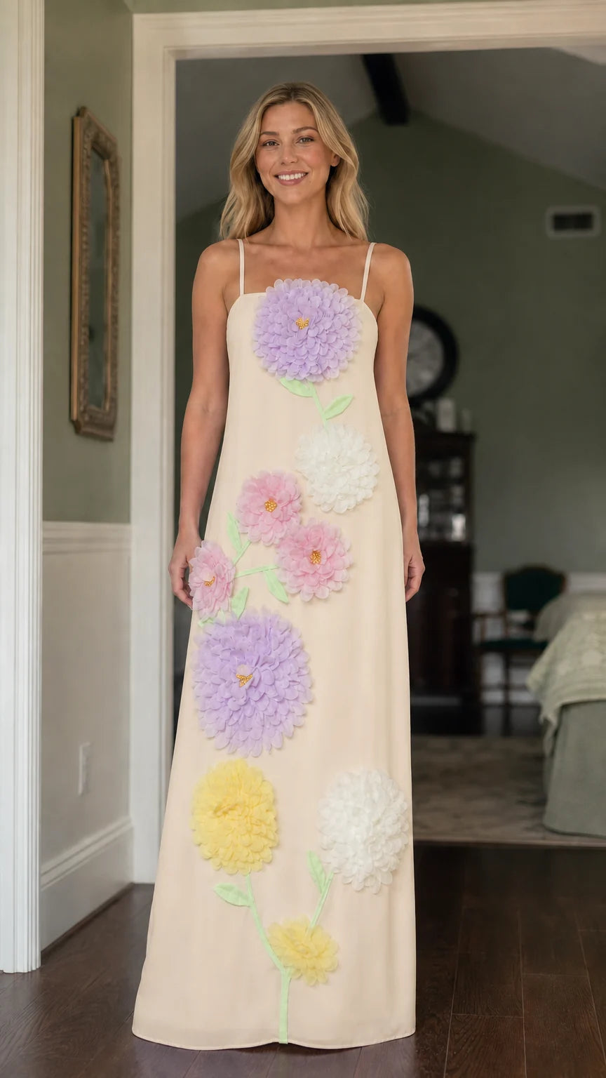Front view of model wearing Beige 3D floral maxi dress
