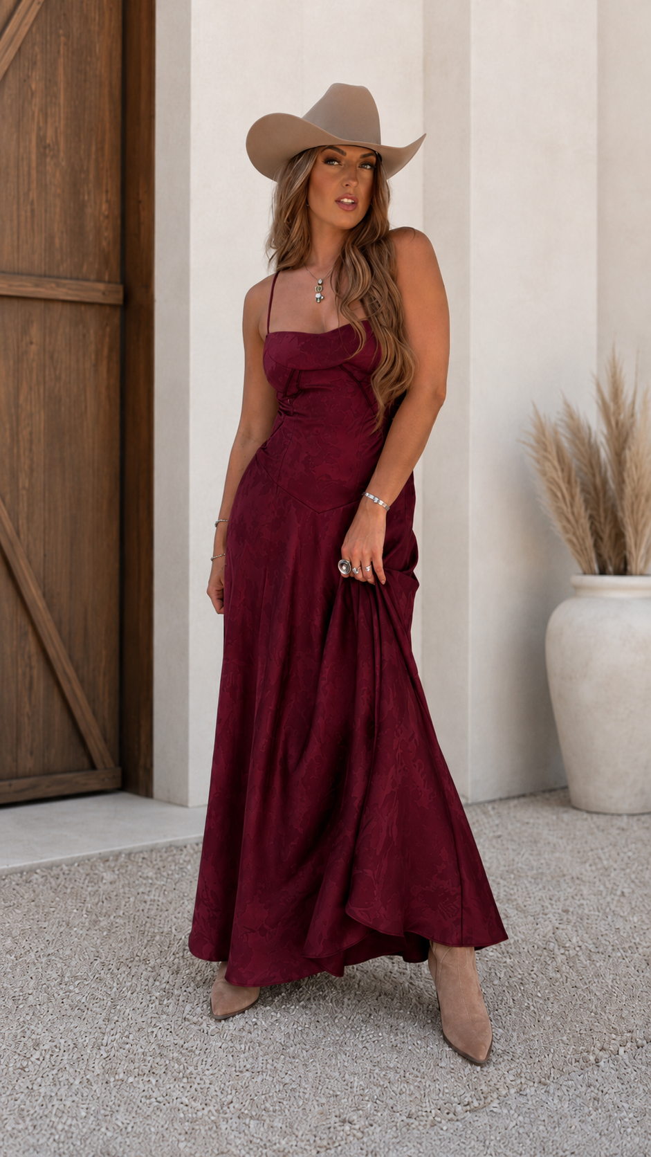 Burgundy satin-look strappy maxi dress with full-length skirt
