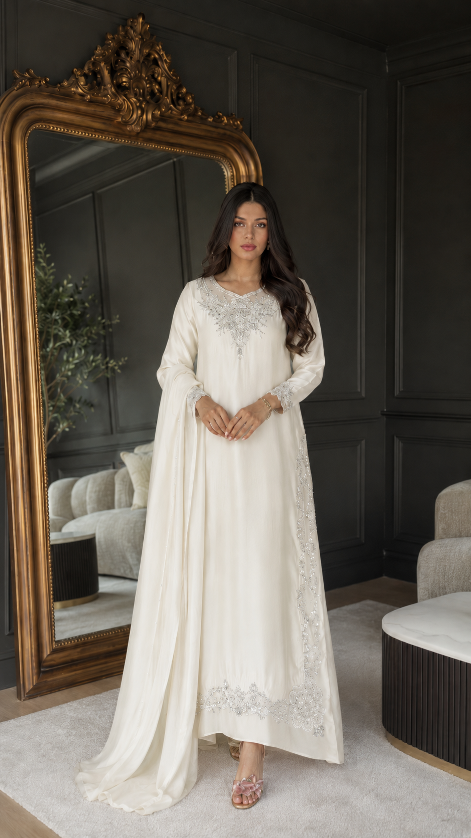 Front view of ivory embroidered maxi kaftan dress with matching draped layer