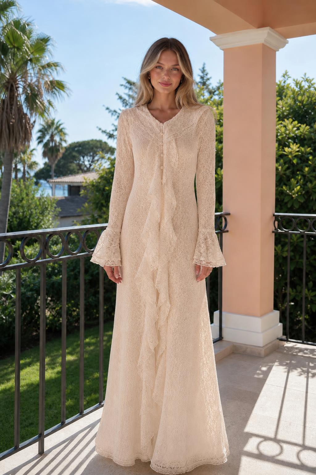 Front view of woman wearing beige long sleeve lace ruffle maxi dress