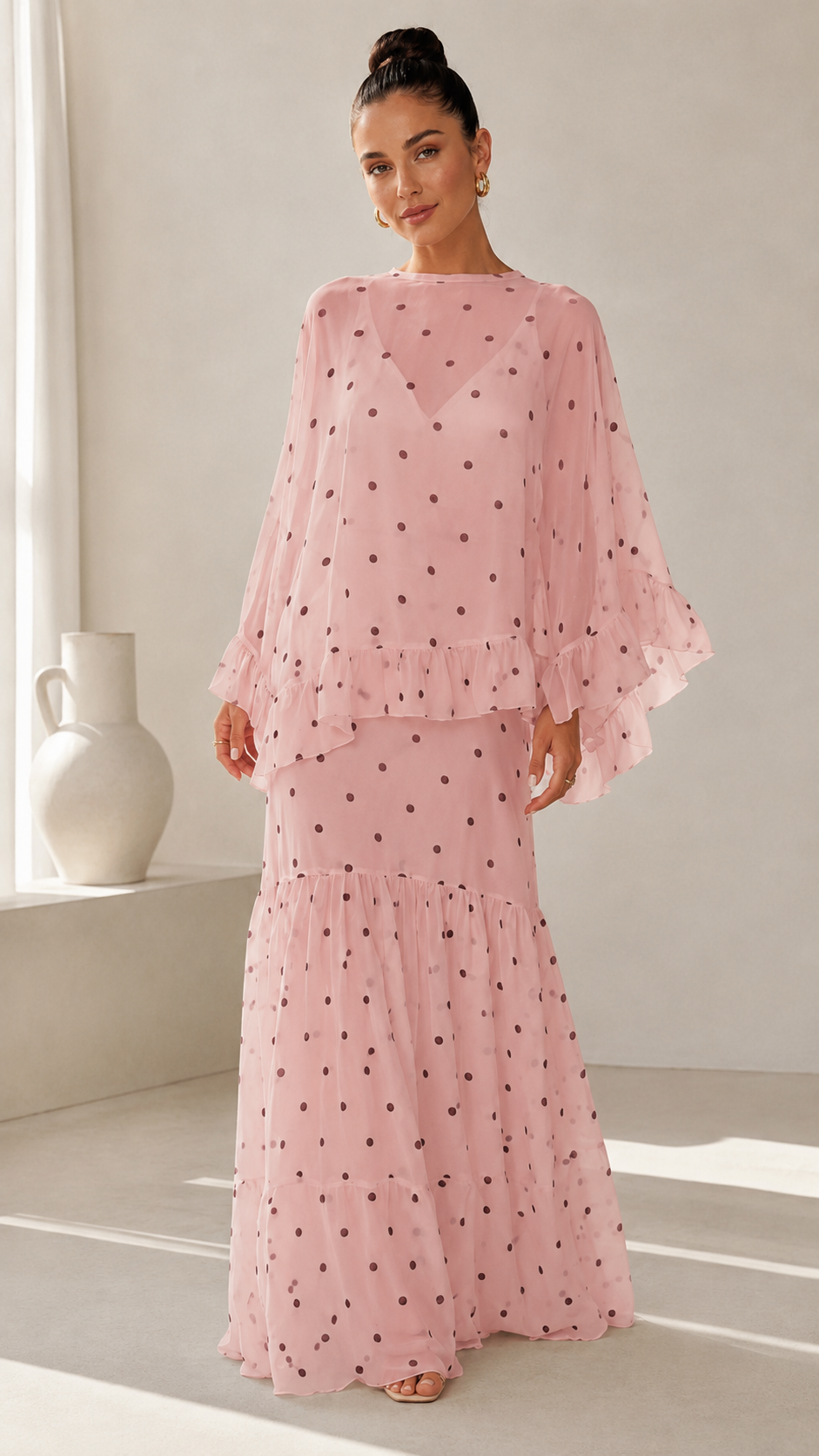 Blush pink polka dot maxi dress with flowing long sleeves