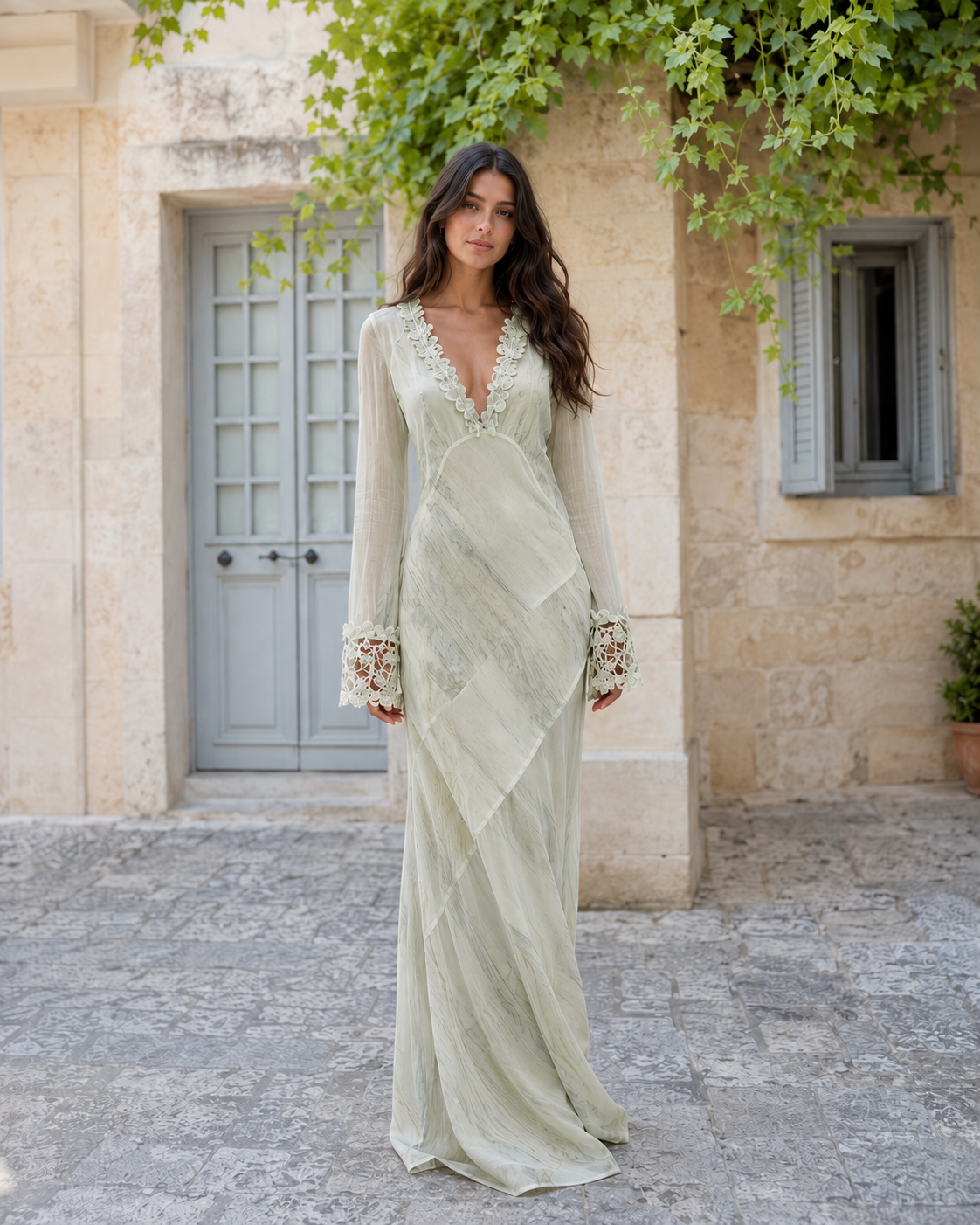 Sage lace trim deep V maxi dress with sheer long sleeves front view