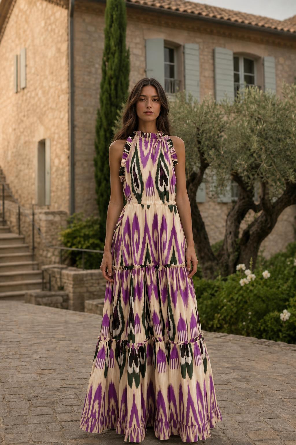 Model wearing alternative purple multi ikat print maxi dress