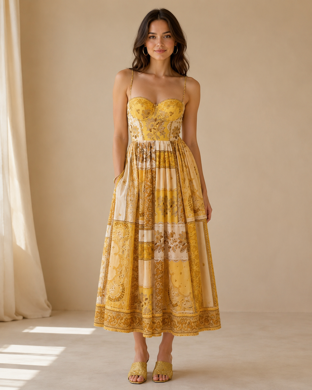 Golden yellow printed sweetheart midi dress full front view