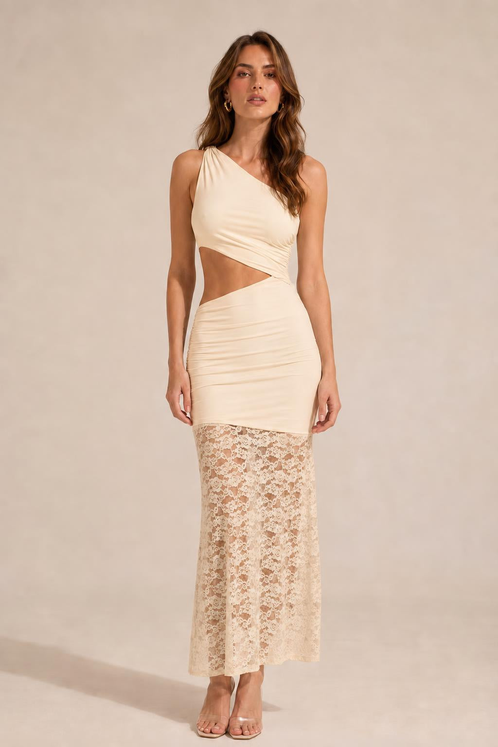 One-Shoulder Cutout Lace Panel Maxi Dress