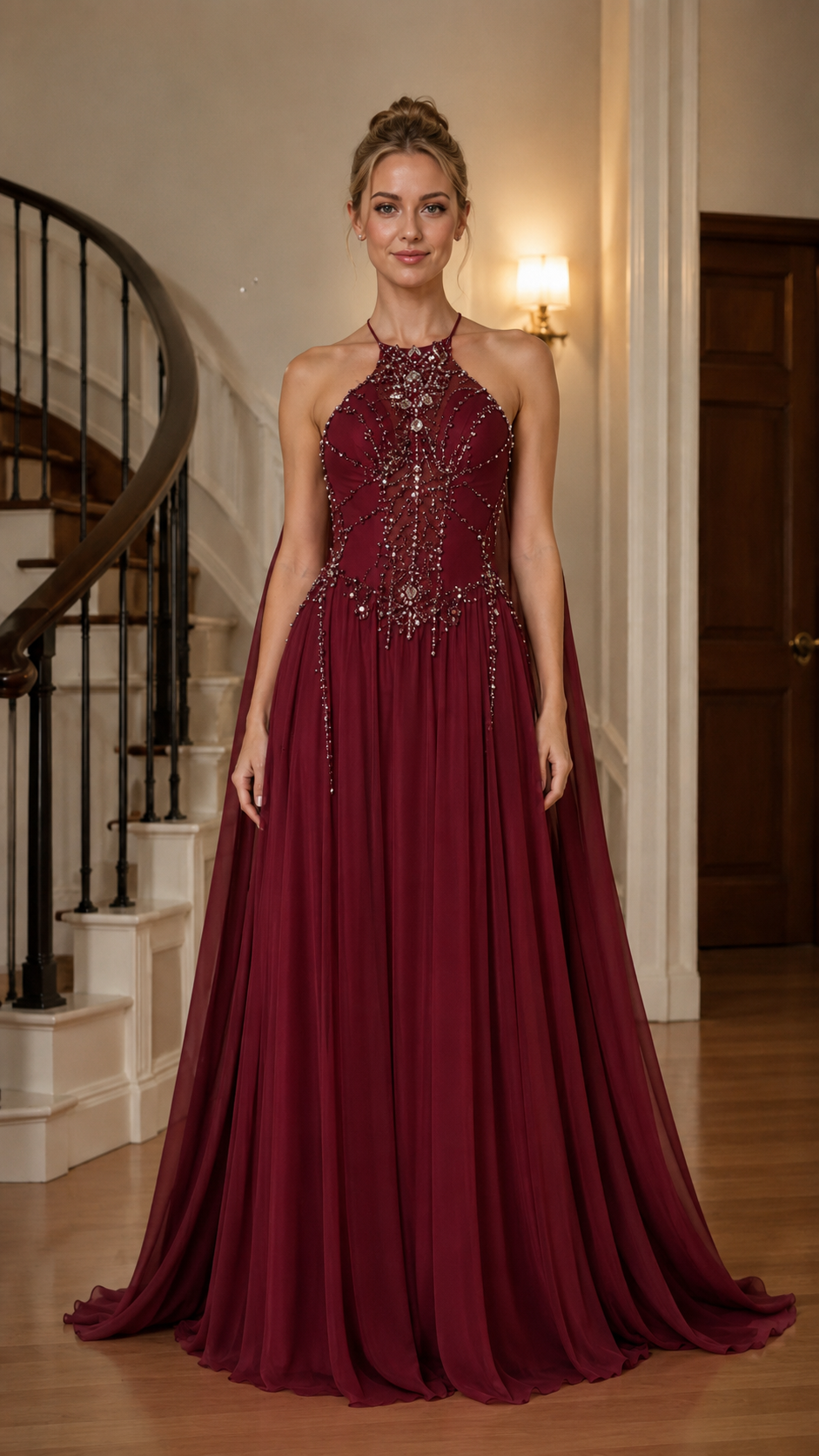 Burgundy beaded halter evening gown with elegant floor-length A-line shape