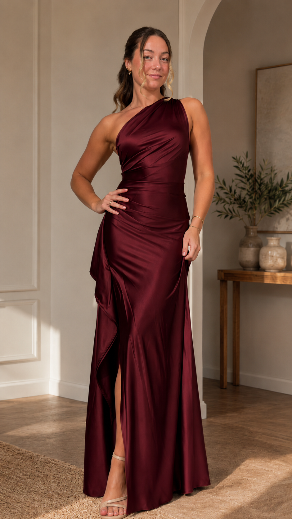 Front view of burgundy one-shoulder satin-like evening dress with front slit