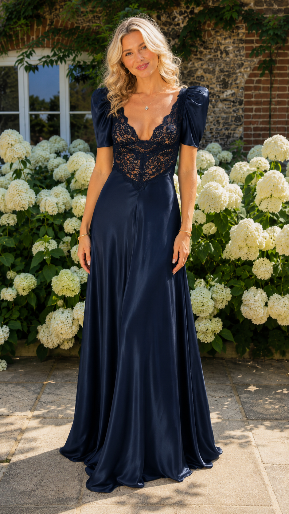 Front view of navy lace bodice satin-look maxi dress with puff sleeves