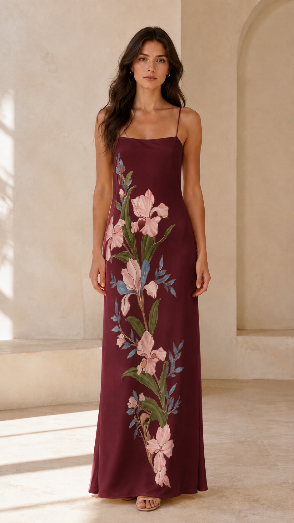 Front view of burgundy floral print slip maxi dress
