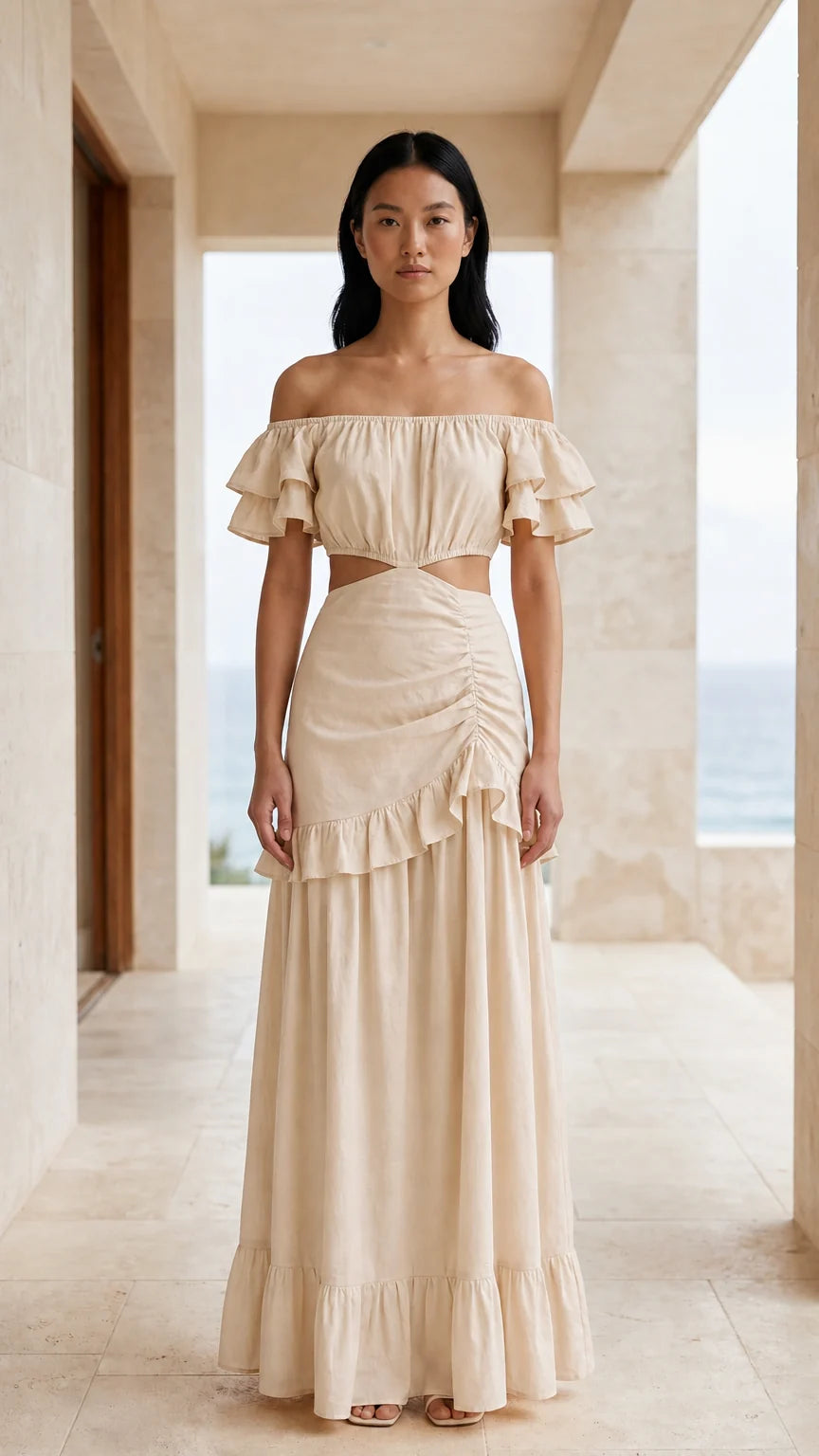 Front view of beige off-shoulder cutout maxi dress