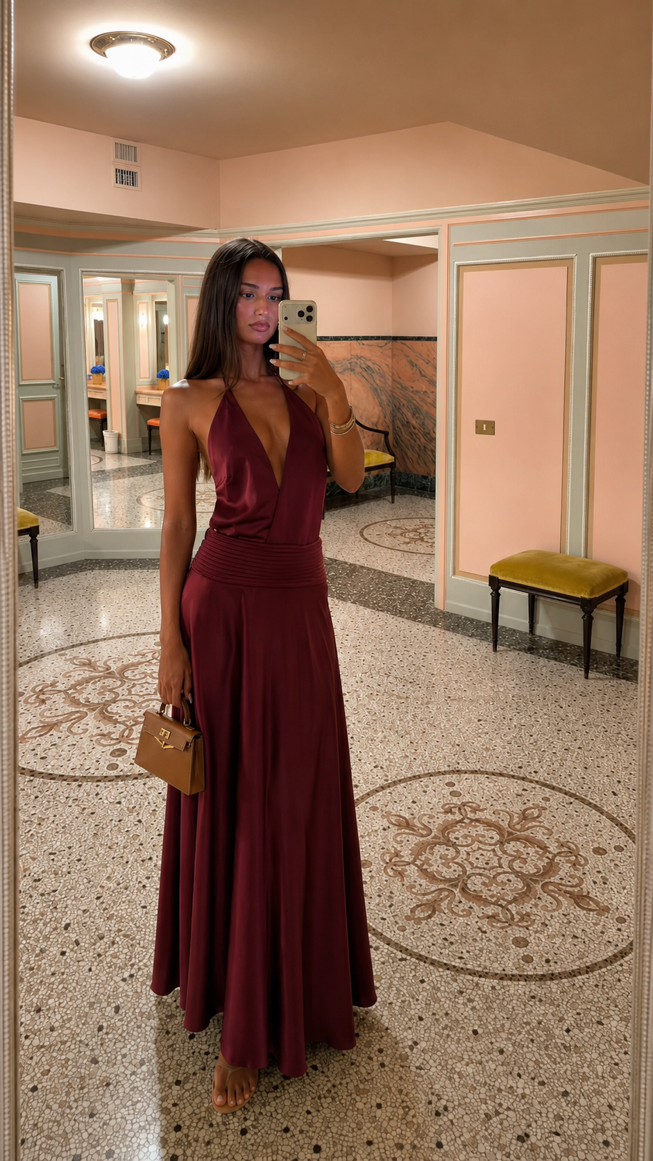 Burgundy satin-look halter maxi dress with draped bodice and maxi skirt
