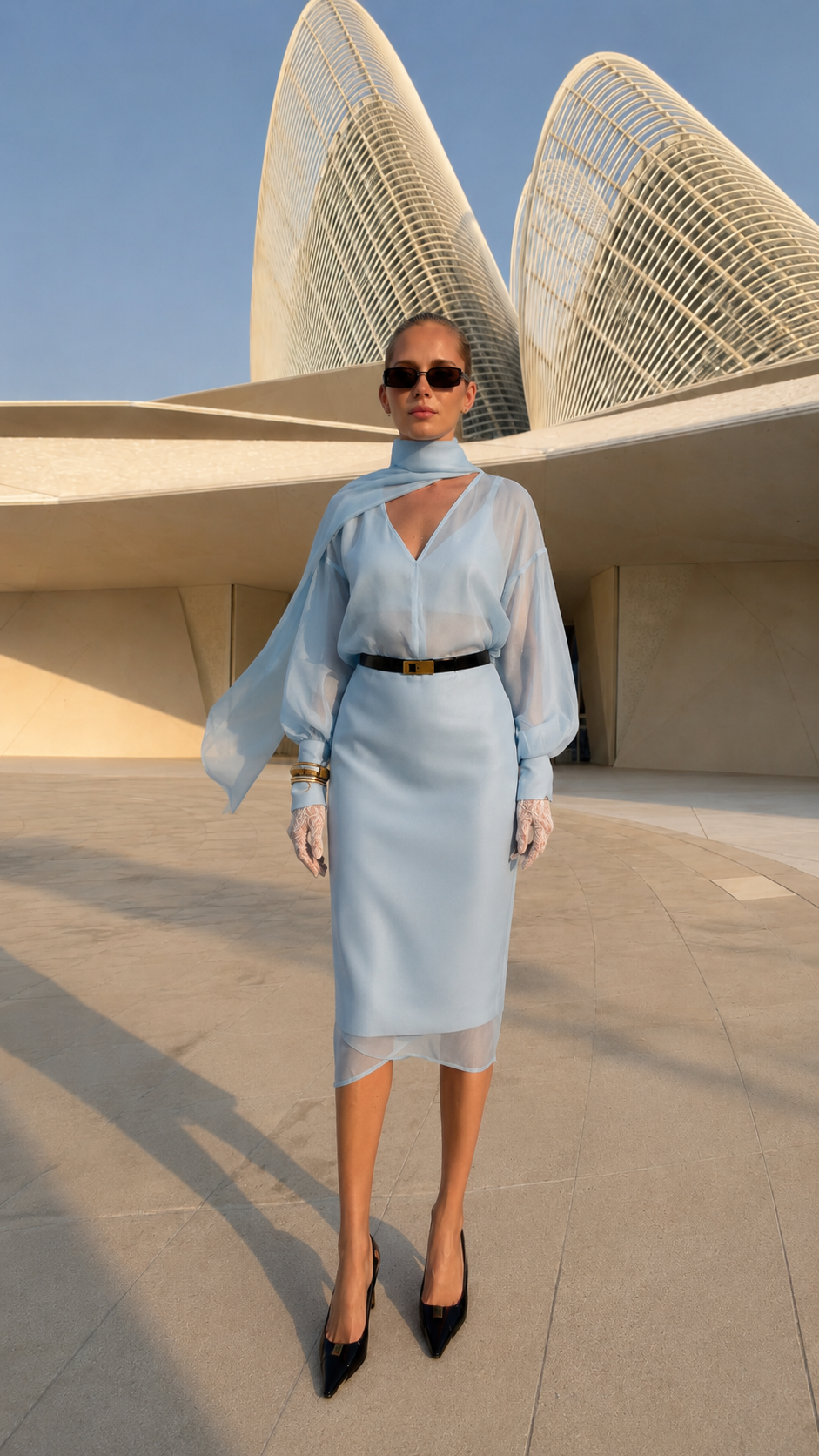 Model wearing powder blue sheer sleeve scarf neck belted midi dress