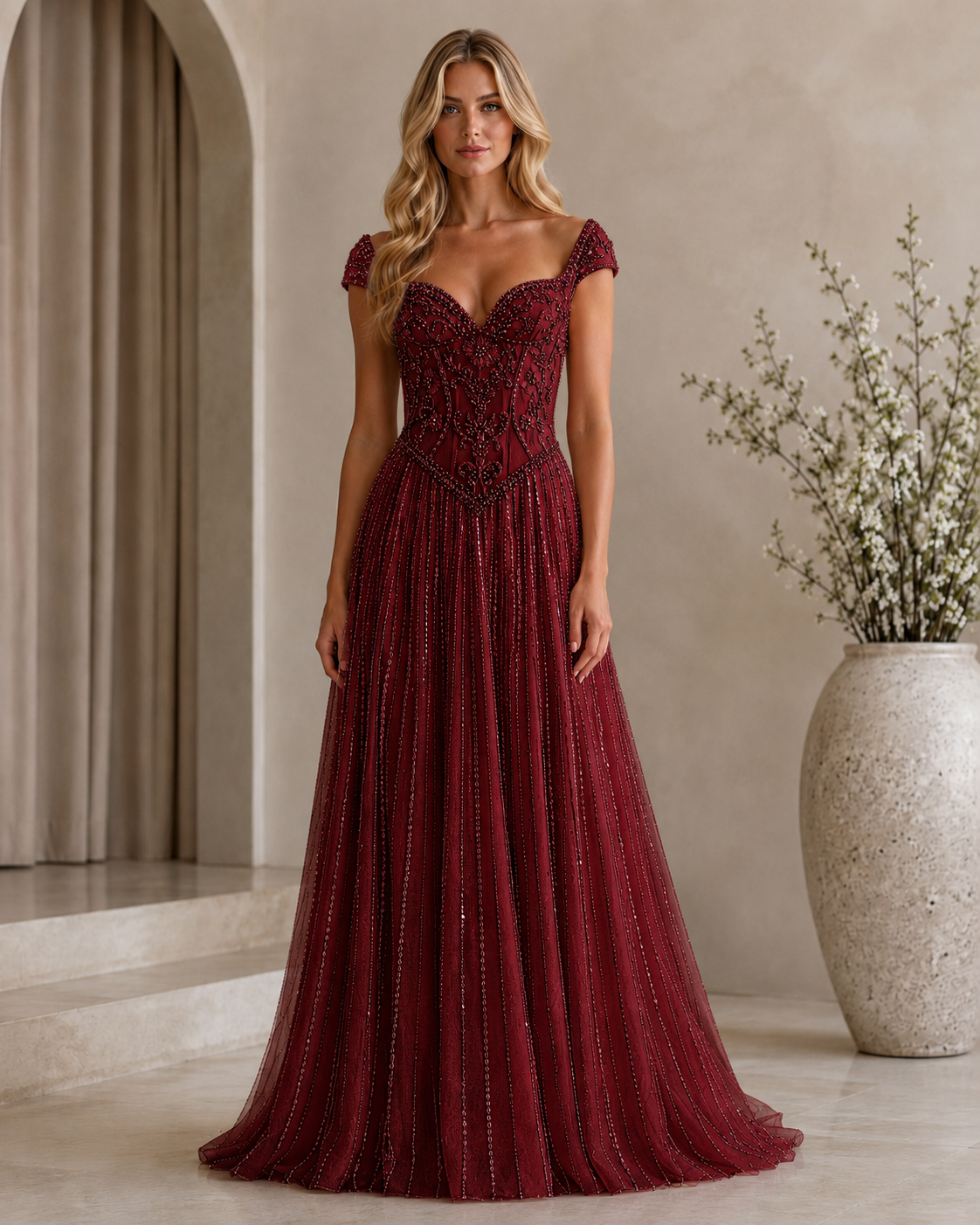 Burgundy beaded sweetheart cap sleeve floor-length A-line evening gown front view