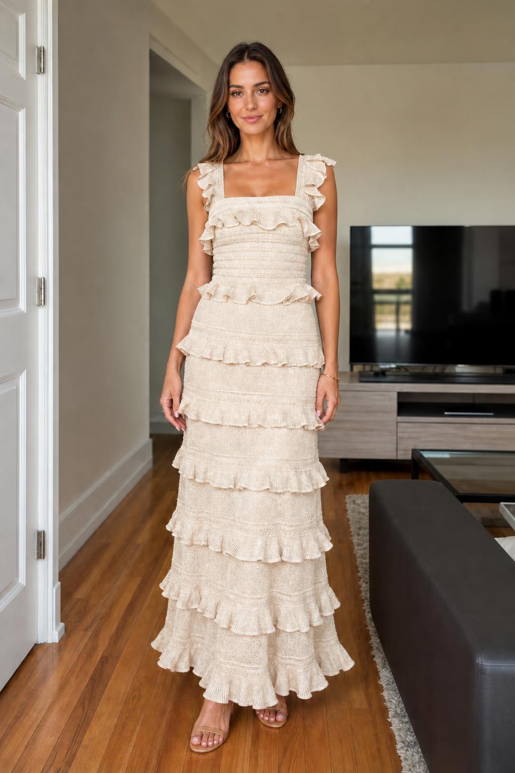 Front view of Beige ruffled tiered knit maxi dress