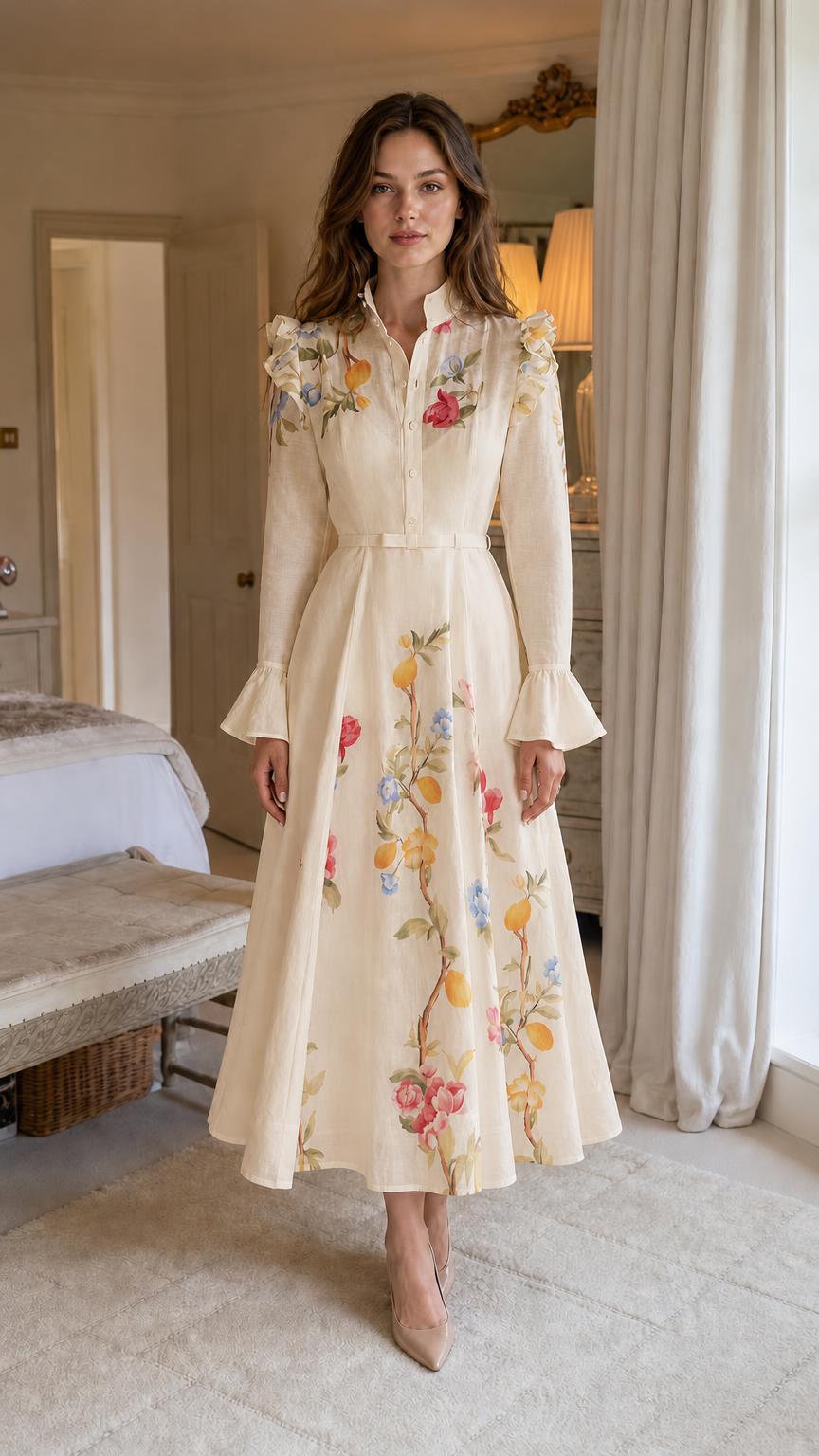 Front view of woman wearing cream botanical embroidered midi dress