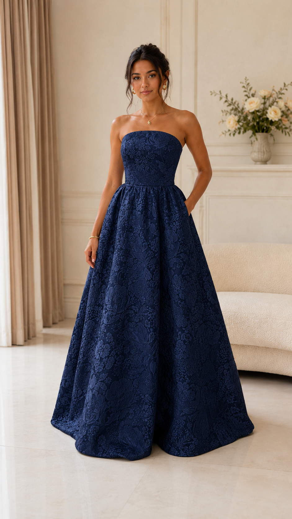 Front view of navy strapless jacquard formal ball gown dress