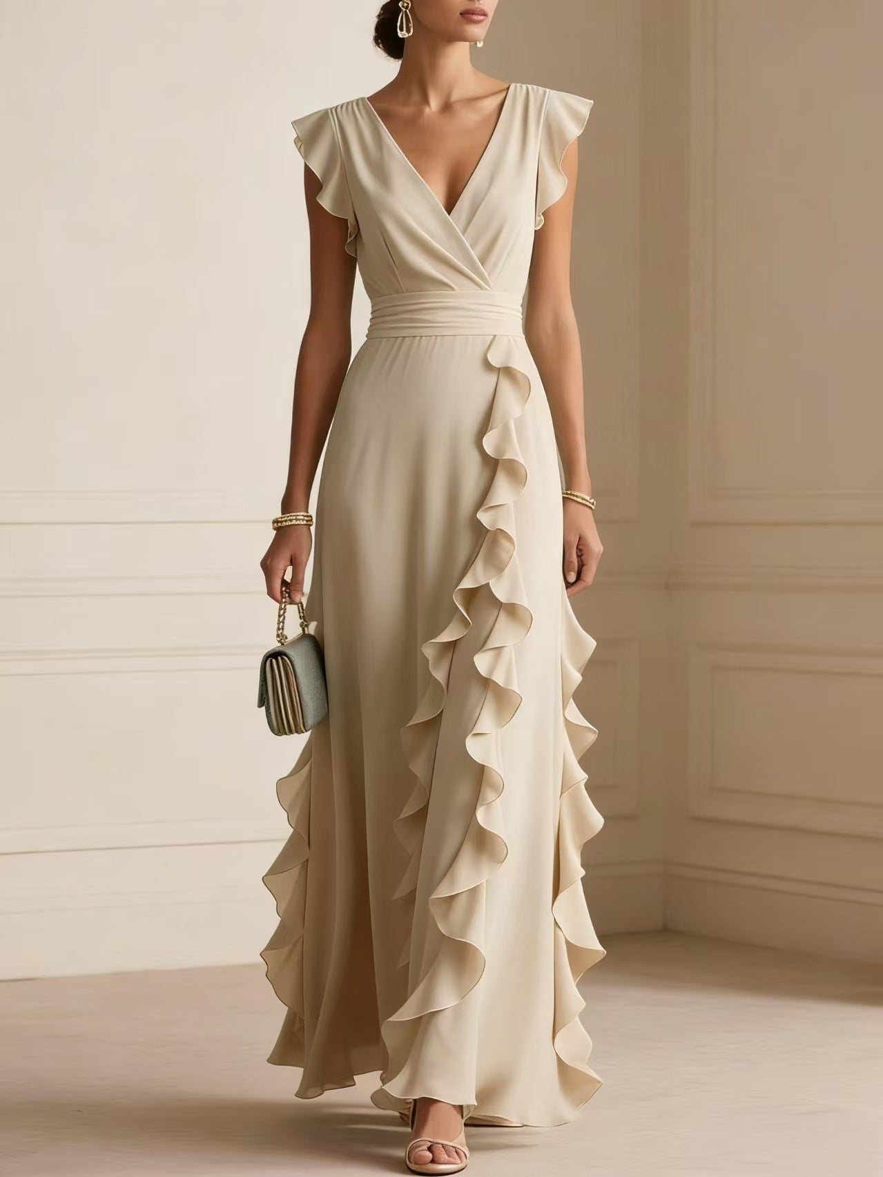 Elegant V Neck Ruffle Maxi Dress With Flutter