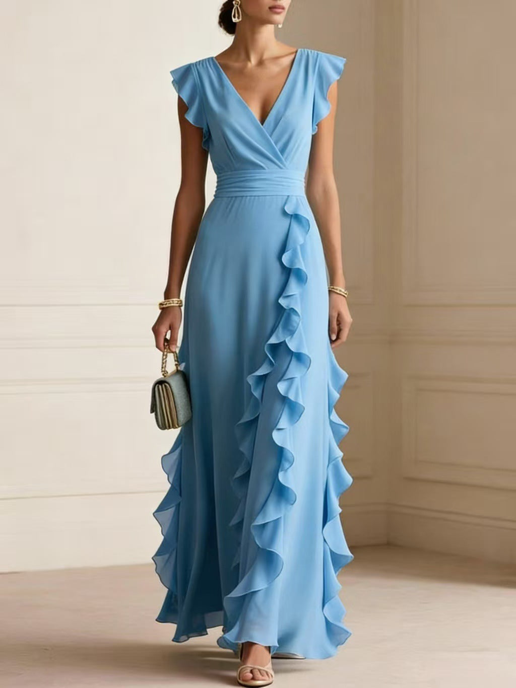 Elegant V Neck Ruffle Maxi Dress With Flutter