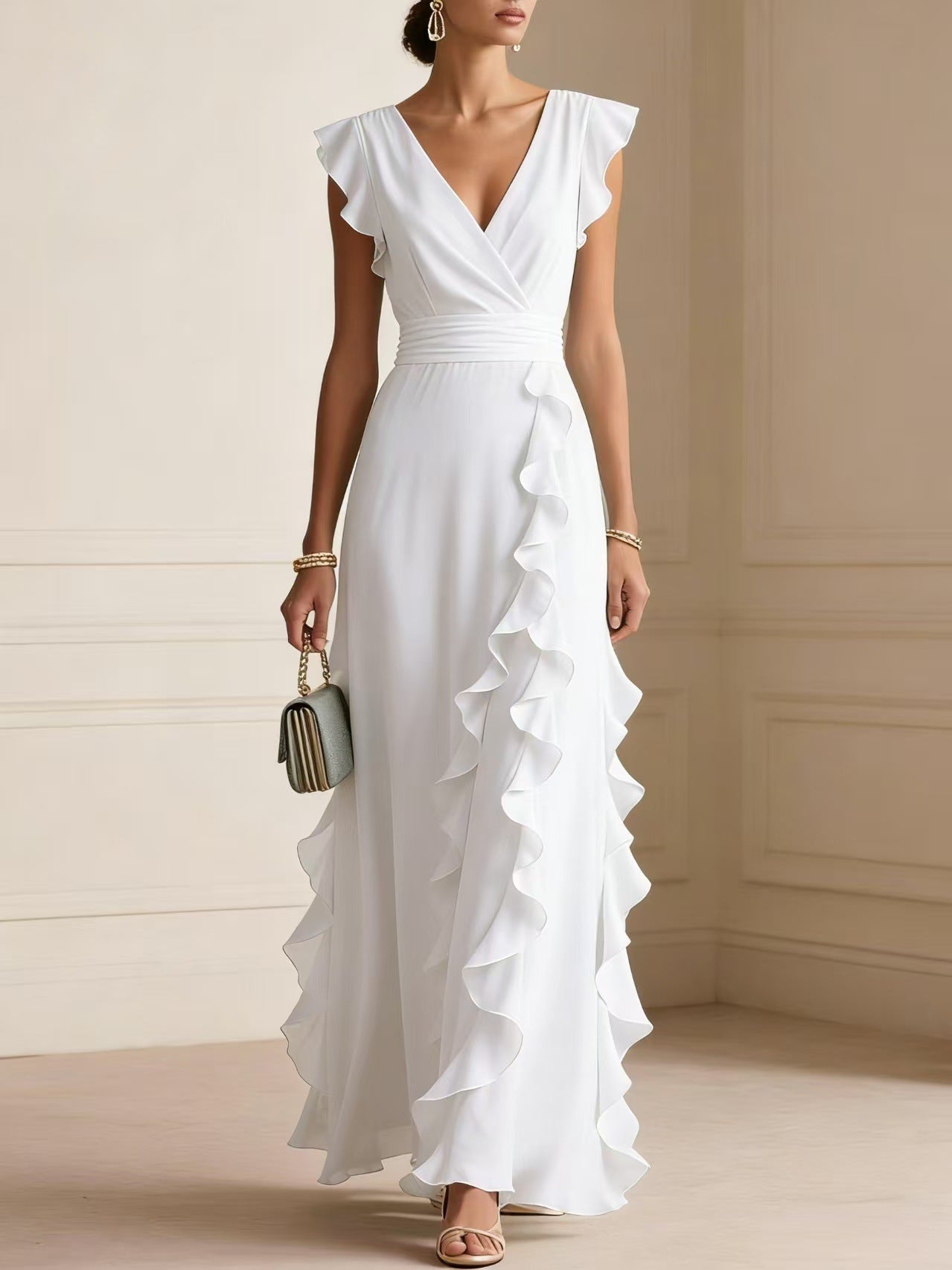 Elegant V Neck Ruffle Maxi Dress With Flutter