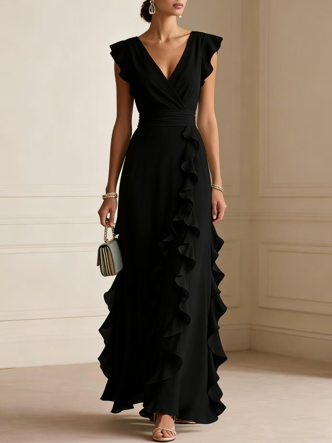 Elegant V Neck Ruffle Maxi Dress With Flutter
