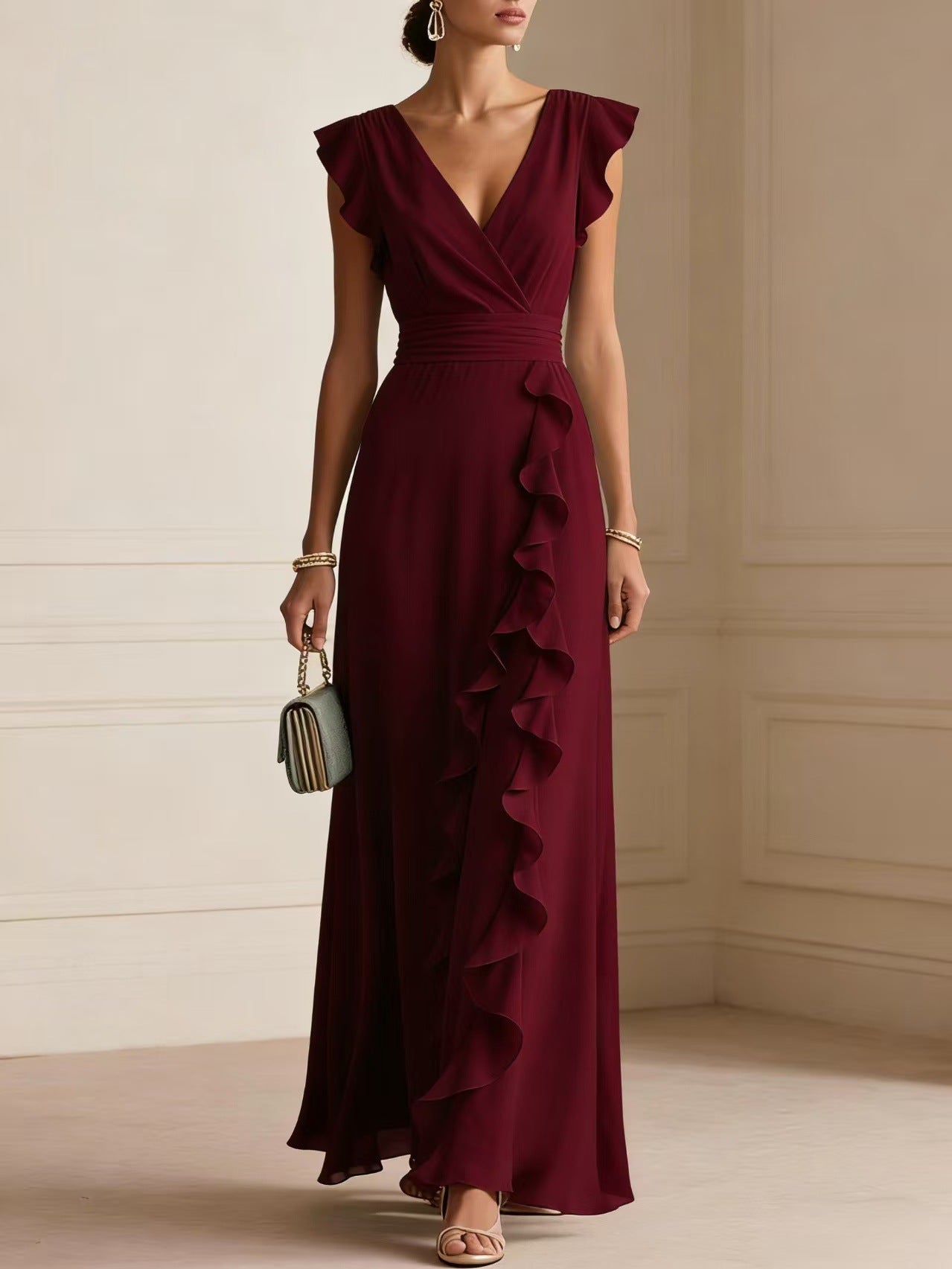 Elegant V Neck Ruffle Maxi Dress With Flutter Sleeves