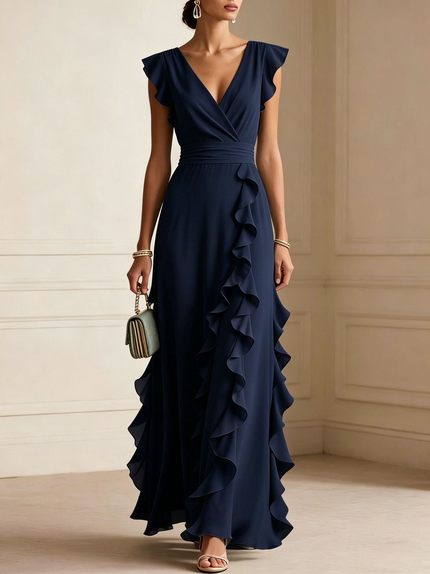 Elegant V Neck Ruffle Maxi Dress With Flutter Sleeves