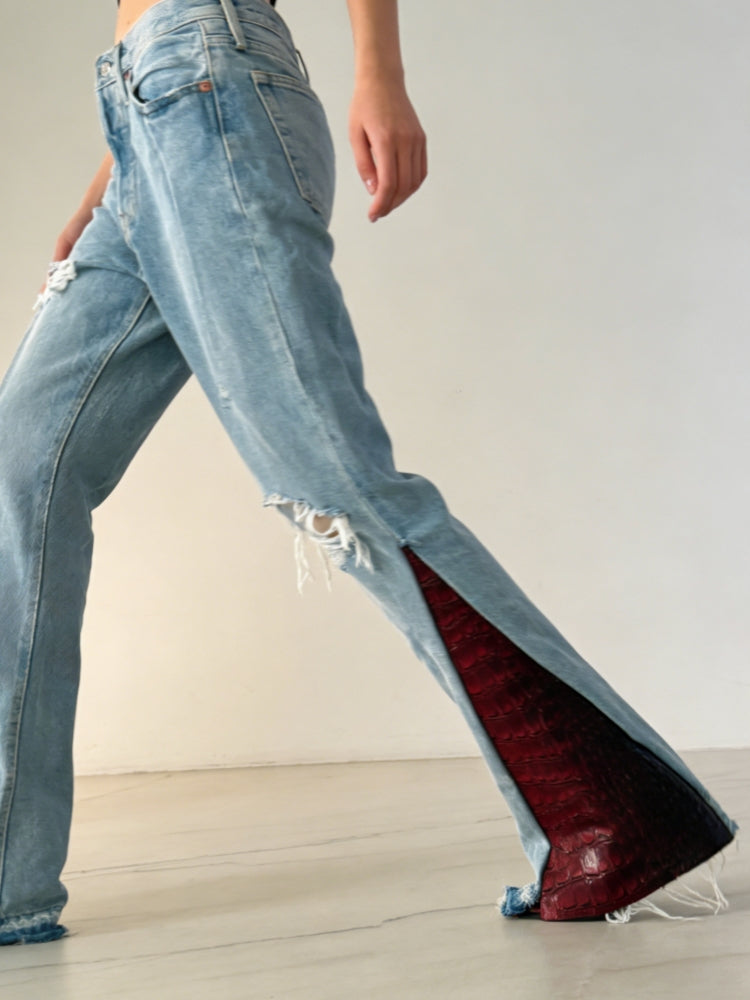 Distressed Red Croc Flare Denim Jeans