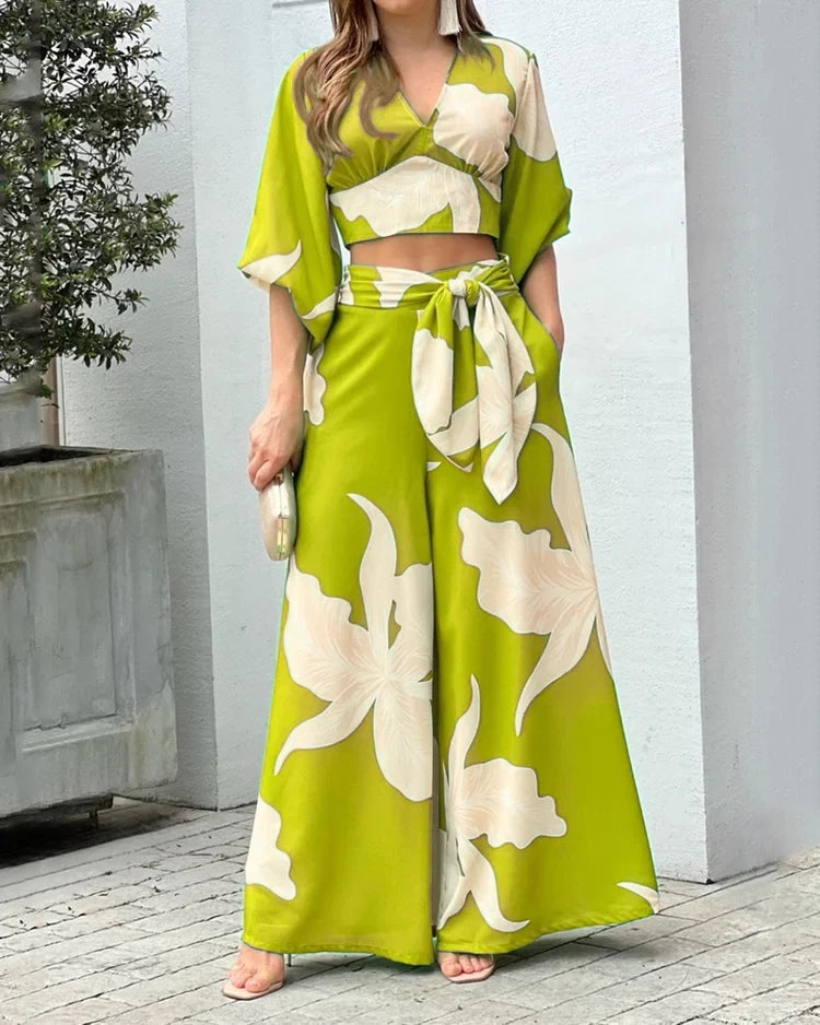 Print V-Neck Long Sleeve Top & Wide Leg Pants Two-Piece Set