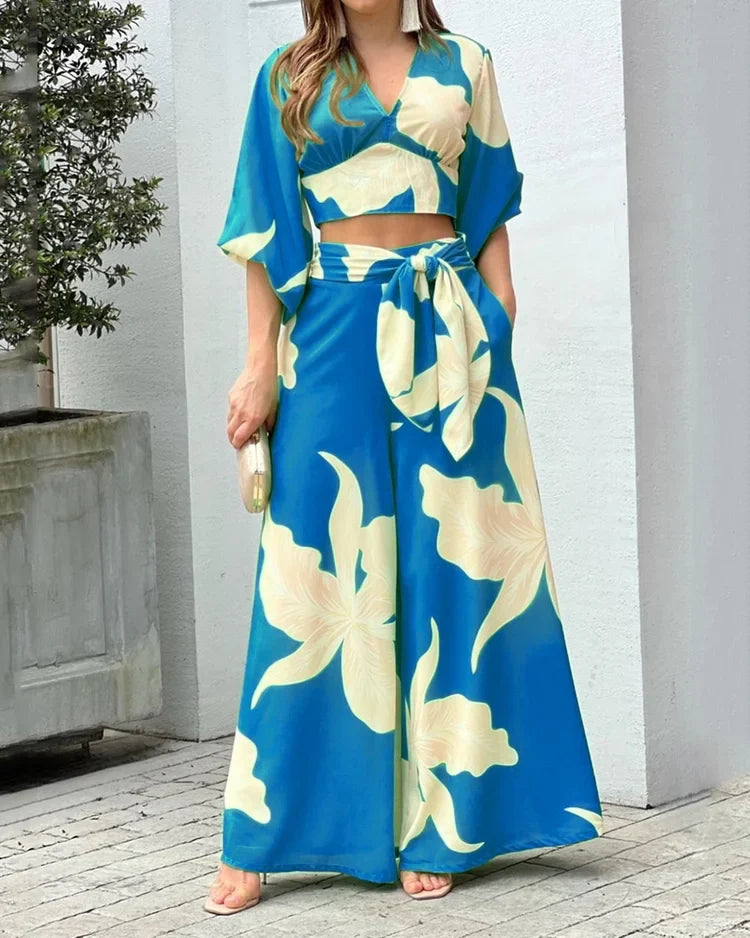 Print V-Neck Long Sleeve Top & Wide Leg Pants Two-Piece Set