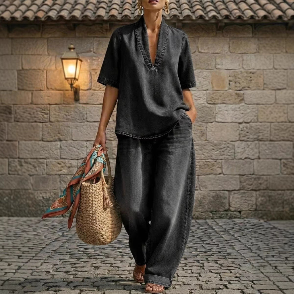 Retro V-Neck Denim Set Loose Half-Sleeve Top And Wide-Leg Pants Two-Piece
