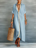 Loose Short Sleeves Buttoned Pockets Split-Joint Lapel Maxi Dresses