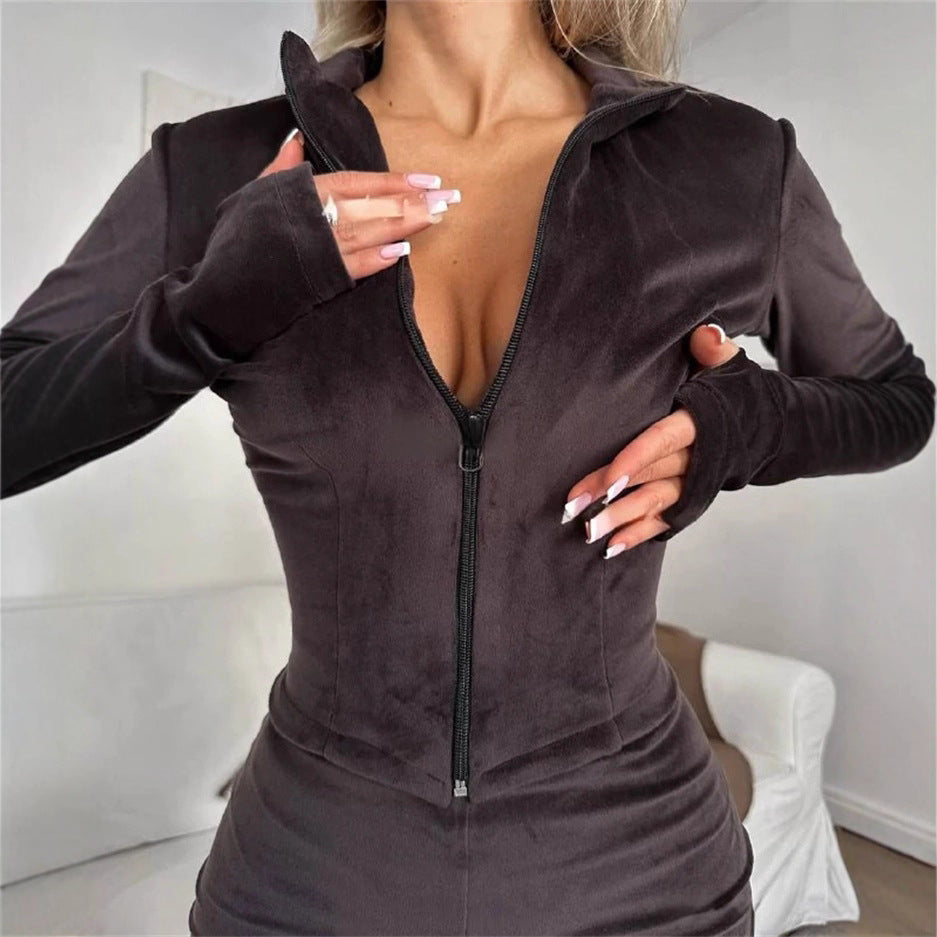 Style Casual Solid-Color Zip-Up Long-Sleeve Fitted Cardigan And Elastic Waist
