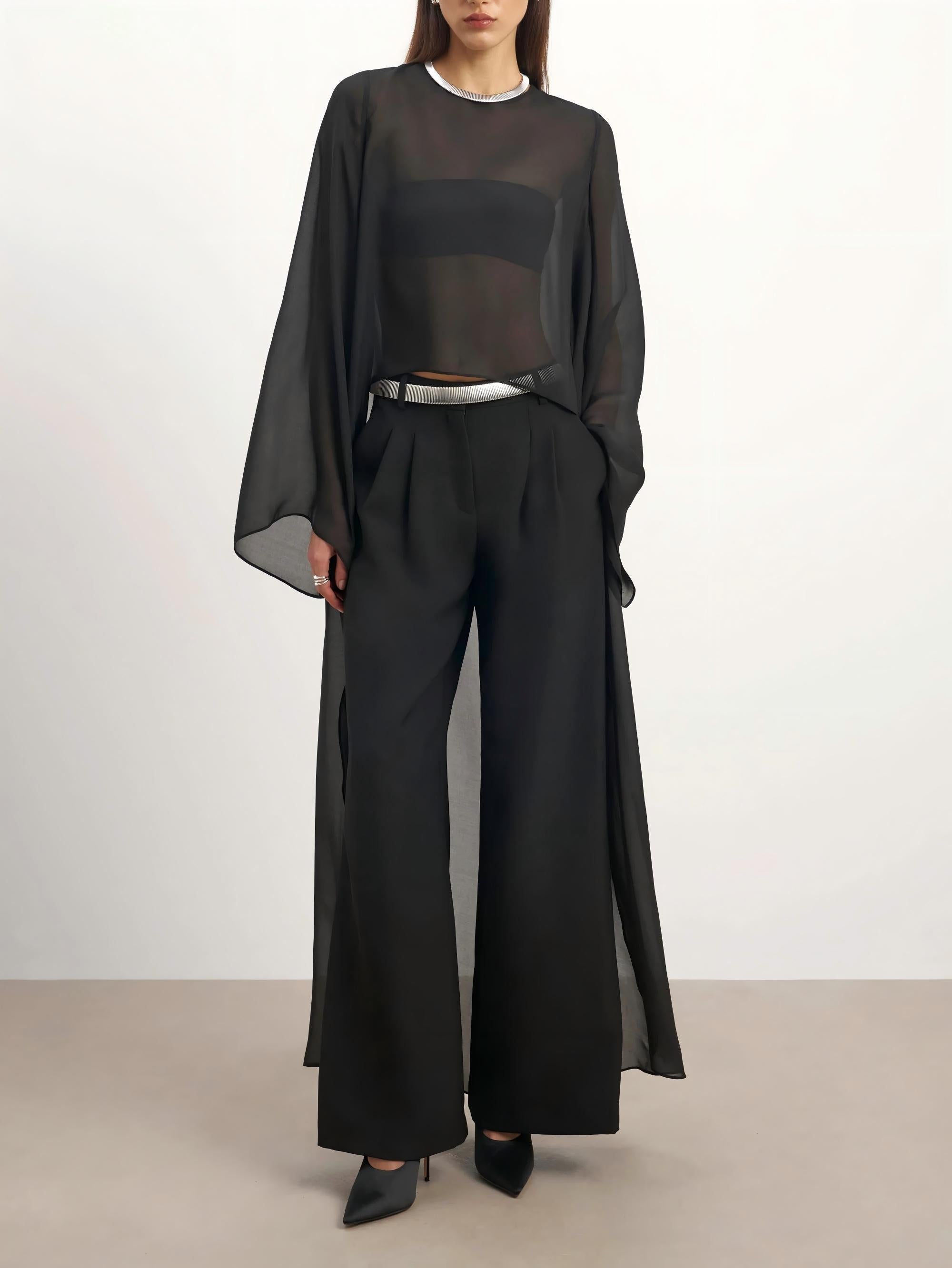 Sheer Chiffon Cape Blouse & Curved Silhouette Jeans