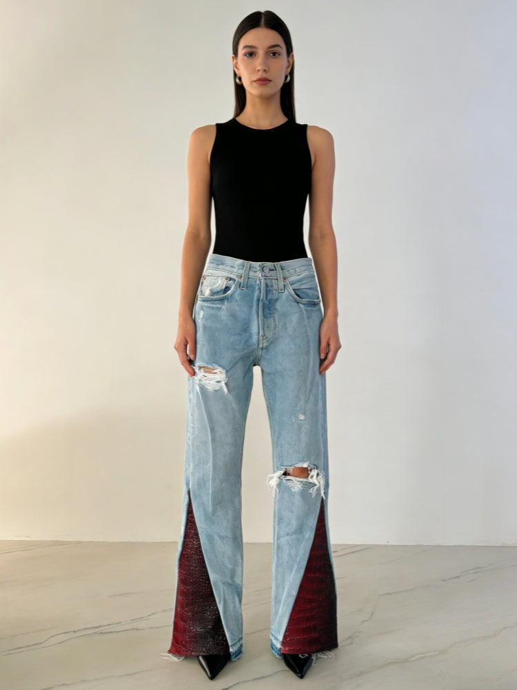 Distressed Red Croc Flare Denim Jeans