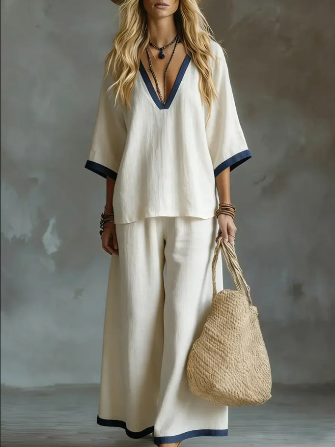 Contrast Trim V-Neck Wide-Leg Two-Piece Set