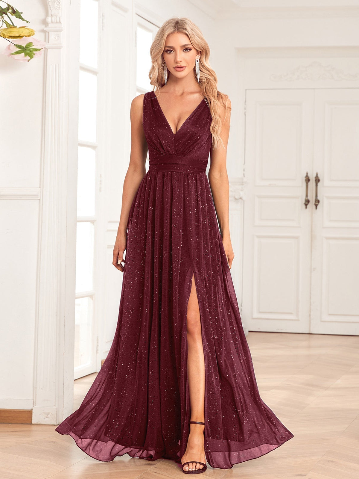 Double V-Neck A-Line Floor-Length Maxi Dress With Side