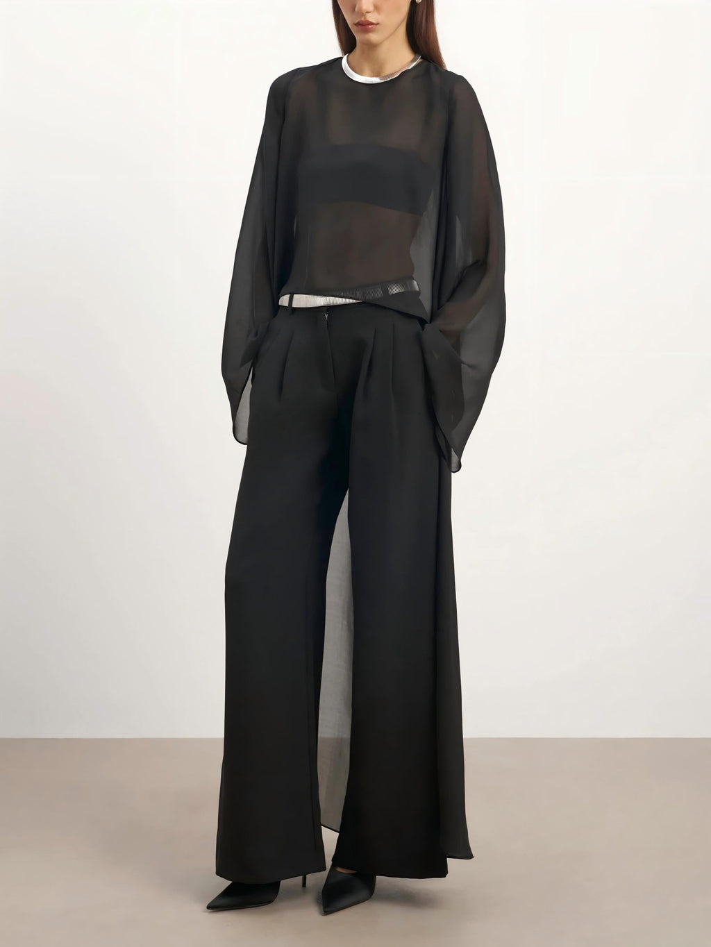 Sheer Chiffon Cape Blouse & Curved Silhouette Jeans