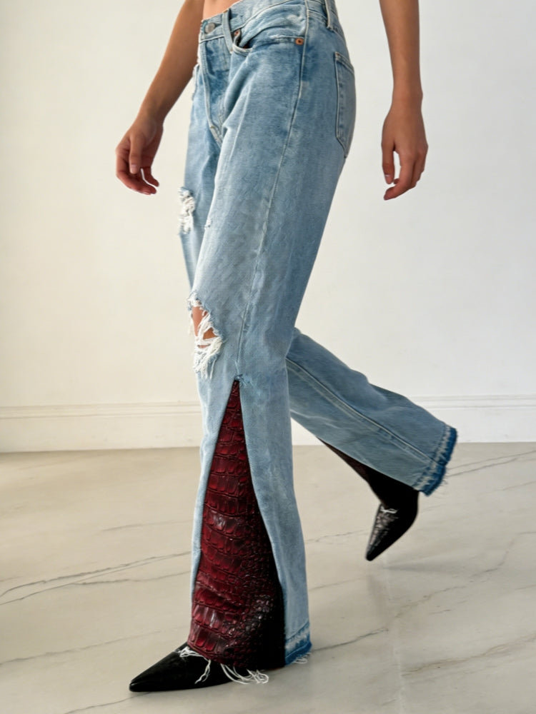 Distressed Red Croc Flare Denim Jeans