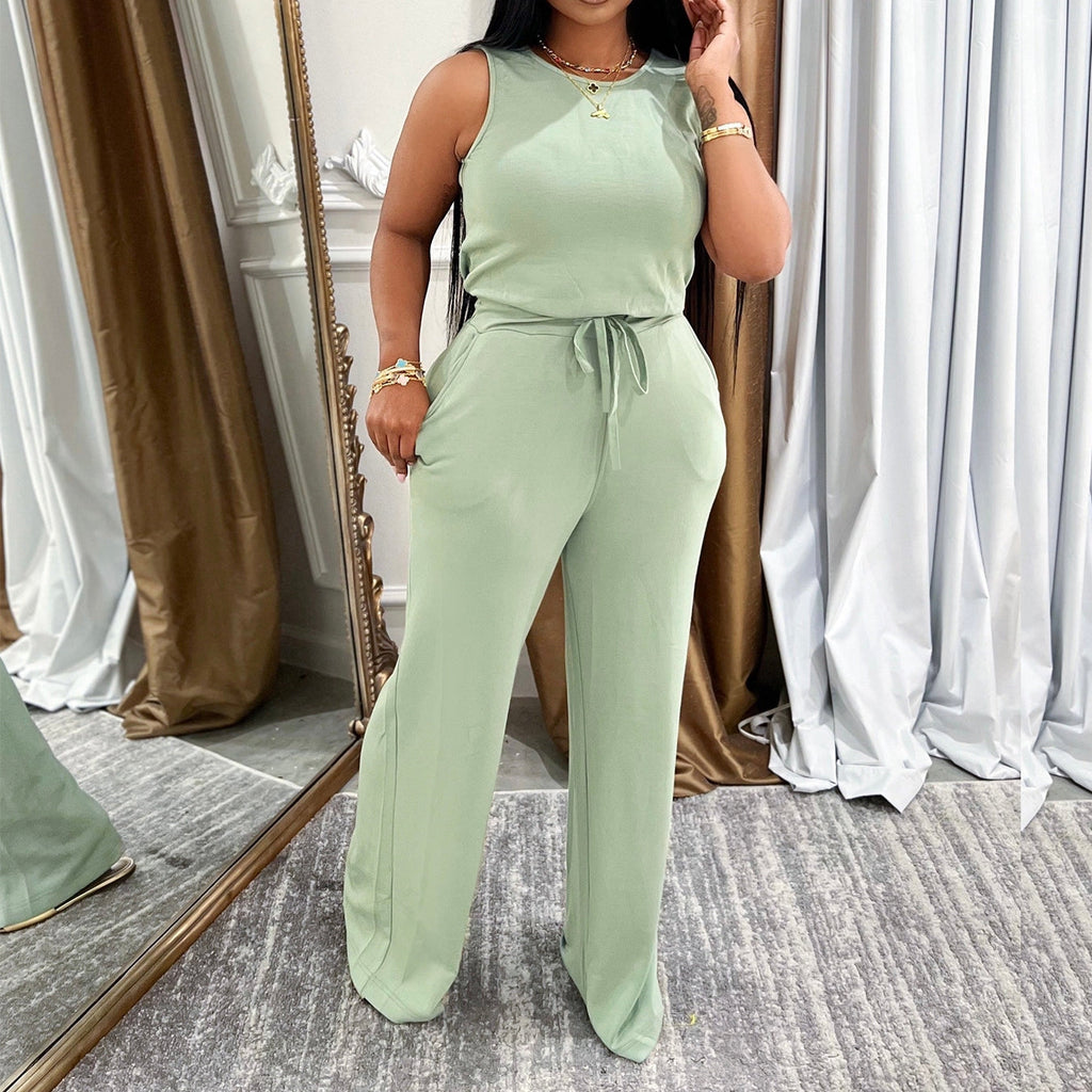 Casual Solid-Colored Lace-Up Jumpsuit