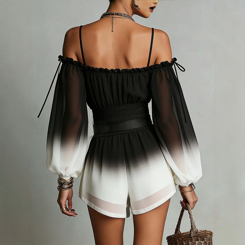 Off-Shoulder Ombre Jumpsuit Summer Sexy Bandage Waist-Fitted Shorts With Belt