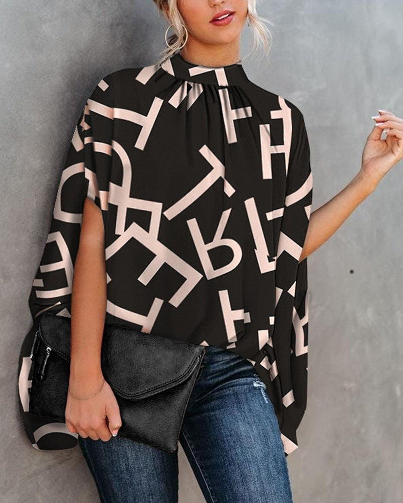Round Neck Loose Doll Sleeve Print Shirt Top
