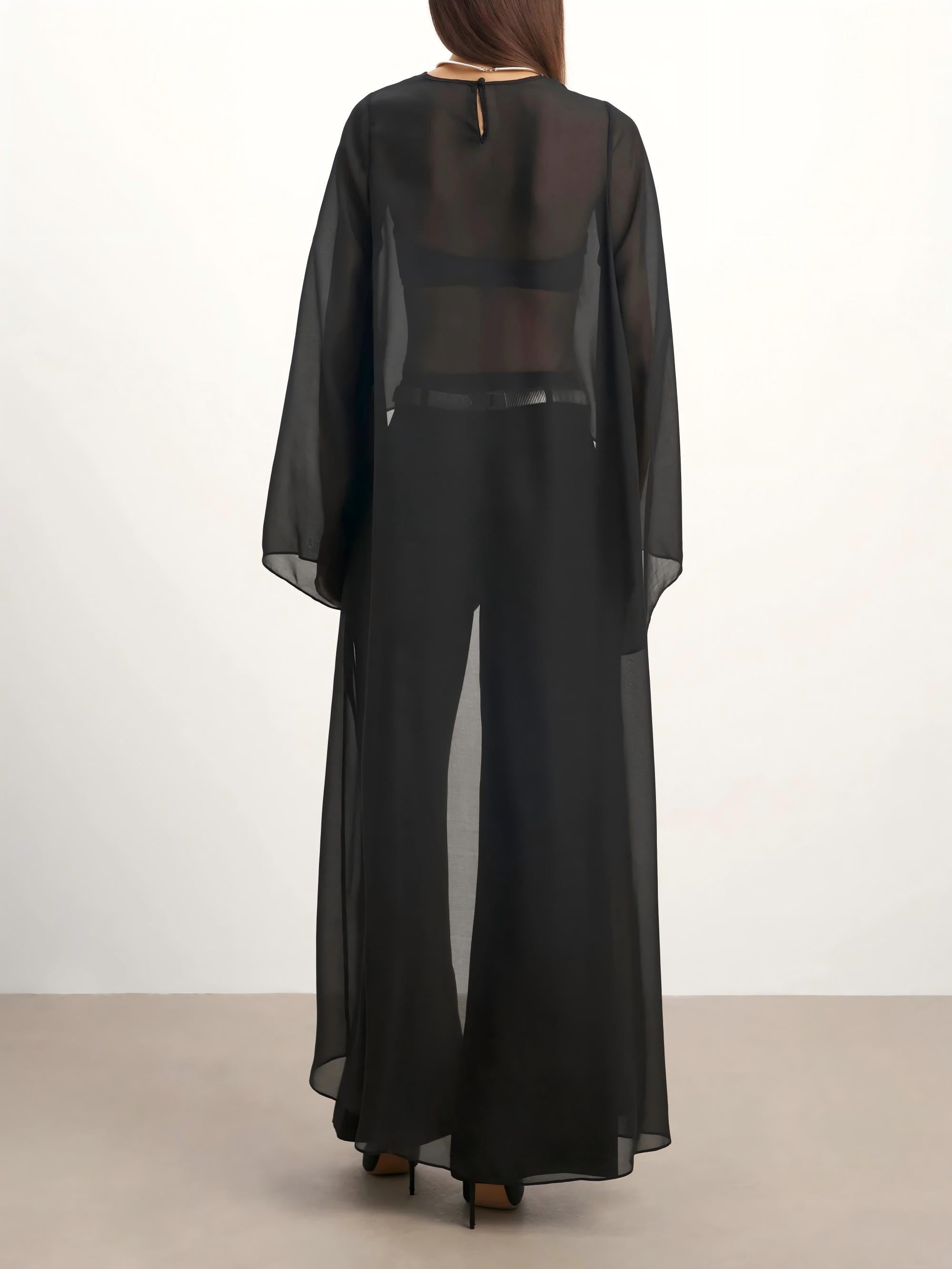 Sheer Chiffon Cape Blouse & Curved Silhouette Jeans