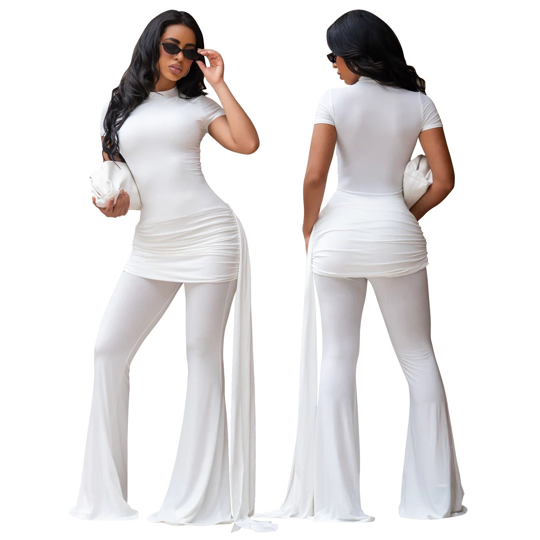 Solid-Color High-Neck Pleated Slim-Fit Drawstring Jumpsuit