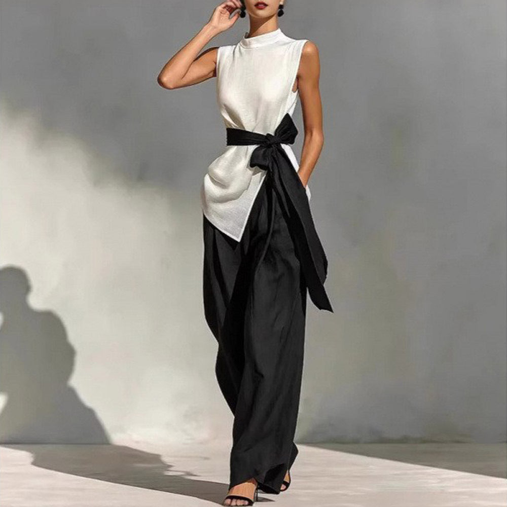 Women'S Lace-Up Sleeveless Contrasting Color Suit Top + Wide Leg Pants Two-Piece Set