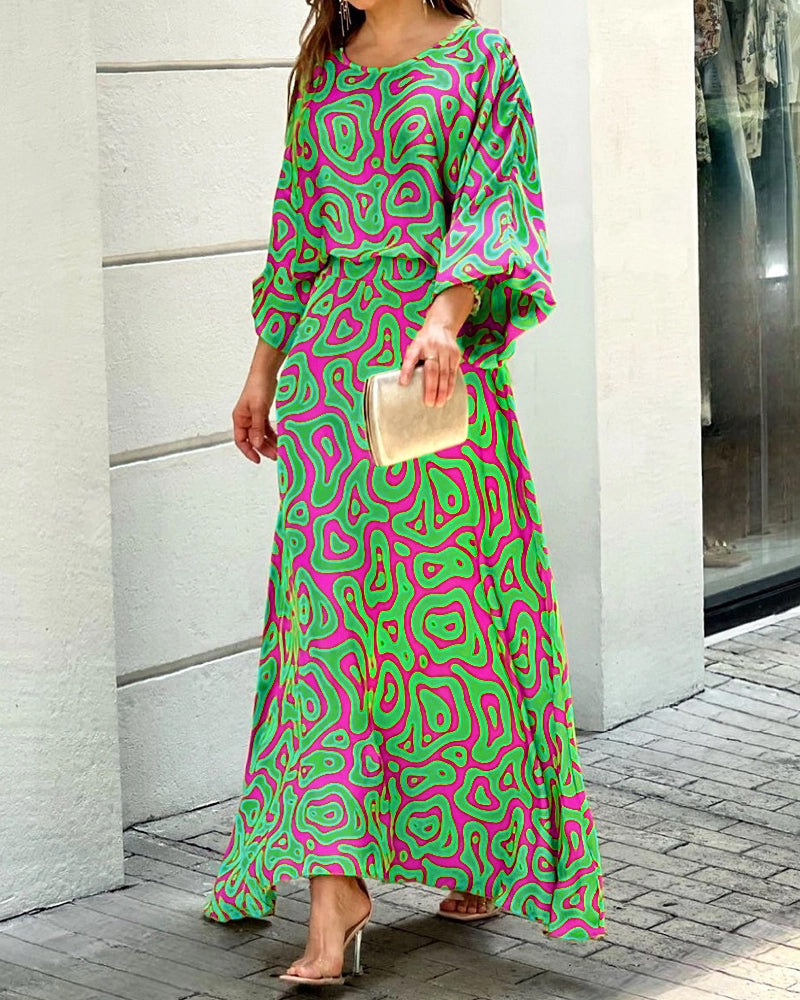 Crew Neck Print Top & Skirt Two Piece Set