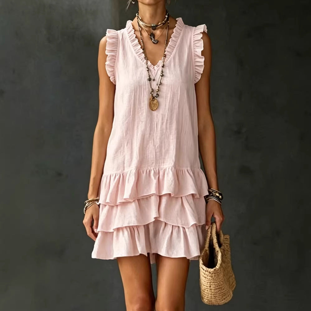 Casual V-Neck Ruffle-Trim Sleeveless Dress
