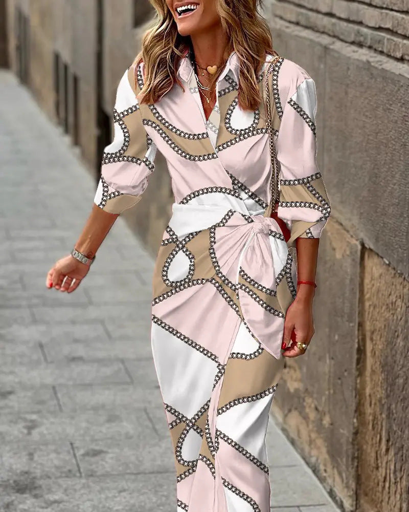Printed Long-Sleeve Lace-Up Dress