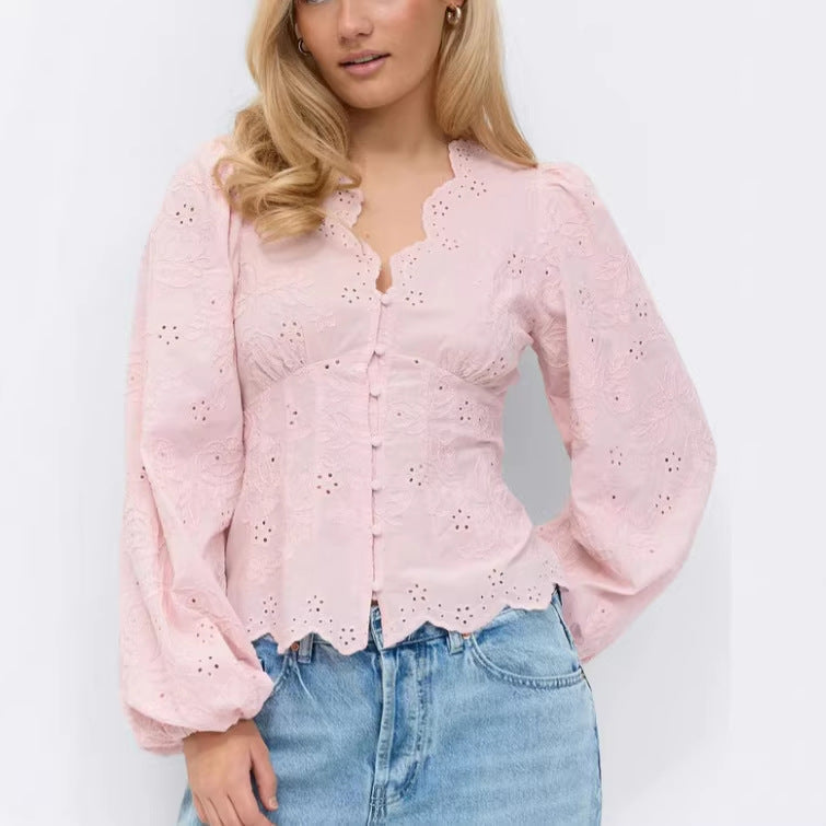 Lace-Trimmed Casual Solid-Color Shirt